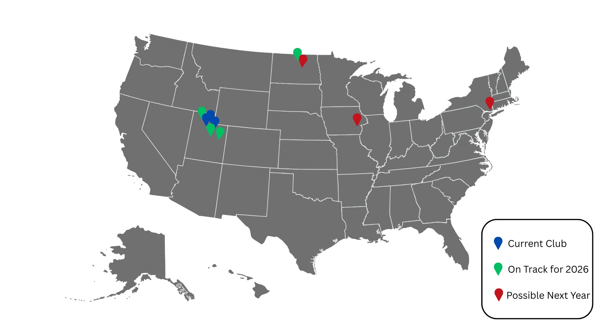 MCA club expansion map showing current clubs, clubs on track for 2026, and possible future locations
