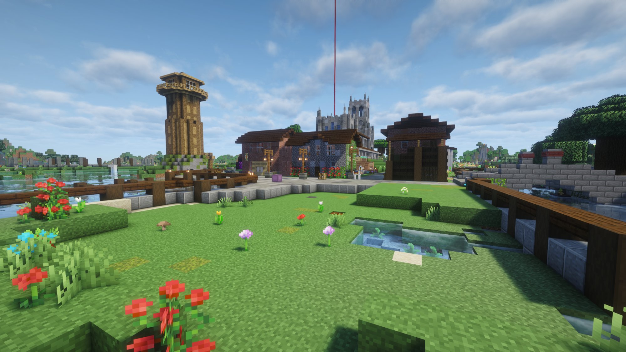 Town square with cathedral and watchtower on the Global Dawn server