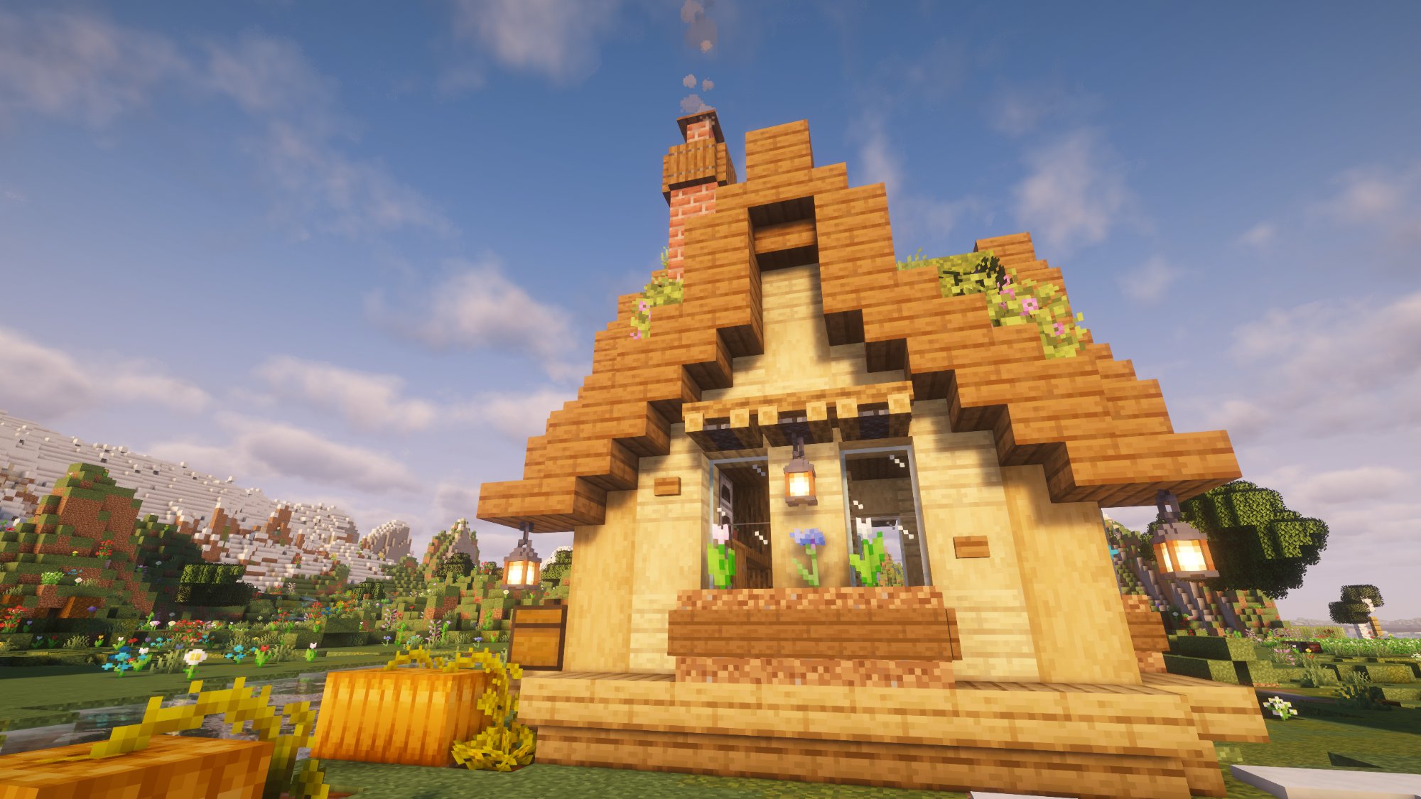 A cozy cottage with lanterns and flower boxes on the Global Dawn server