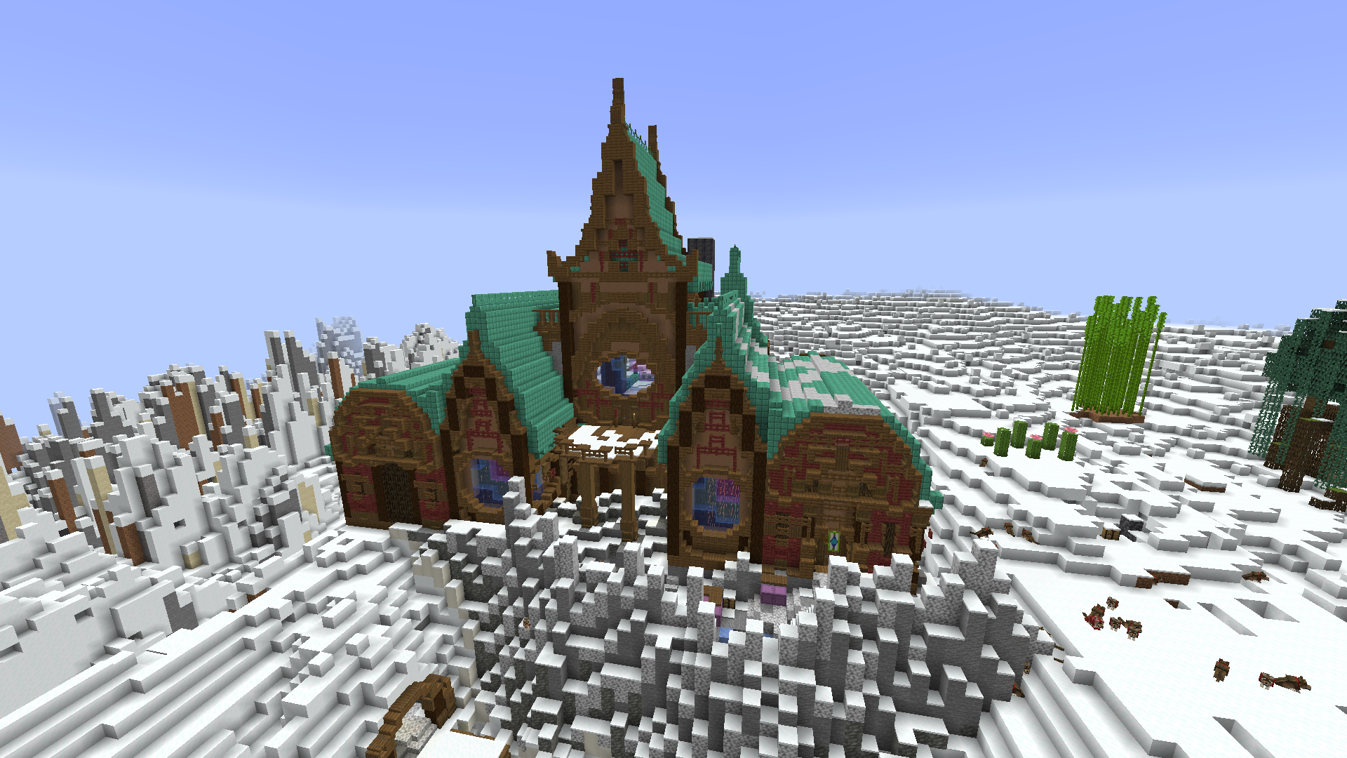 A grand cathedral-style building in a snowy biome in Greenland on the Global Dawn server